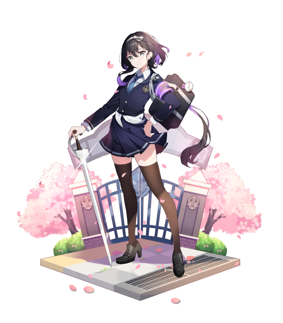 1girl bag black_footwear black_hair black_thighhighs blue_jacket blue_necktie blue_skirt cherry_blossoms eversoul falling_petals full_body game_cg gate grey_eyes hair_between_eyes hair_ribbon hairband hand_on_own_hip high_heels holding holding_sword holding_weapon jacket linzy_(eversoul) looking_at_viewer multicolored_hair necktie official_alternate_costume official_alternate_hairstyle official_art outdoors petals pink_petals ponytail purple_armband purple_hair ribbon school_uniform shirt short_hair shoulder_bag skirt solo standing sword tachi-e thigh-highs transparent_background two-tone_hair weapon whistle whistle_around_neck white_shirt wing_collar zettai_ryouiki