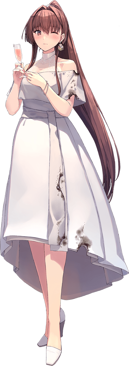 1girl bare_shoulders breasts brown_eyes brown_hair burnt_clothes collarbone dress flower full_body hair_ornament kantai_collection large_breasts long_hair looking_at_viewer off_shoulder official_art one_eye_closed ponytail shizuma_yoshinori sleeveless solo torn_clothes transparent_background very_long_hair white_dress yamato_(kancolle)