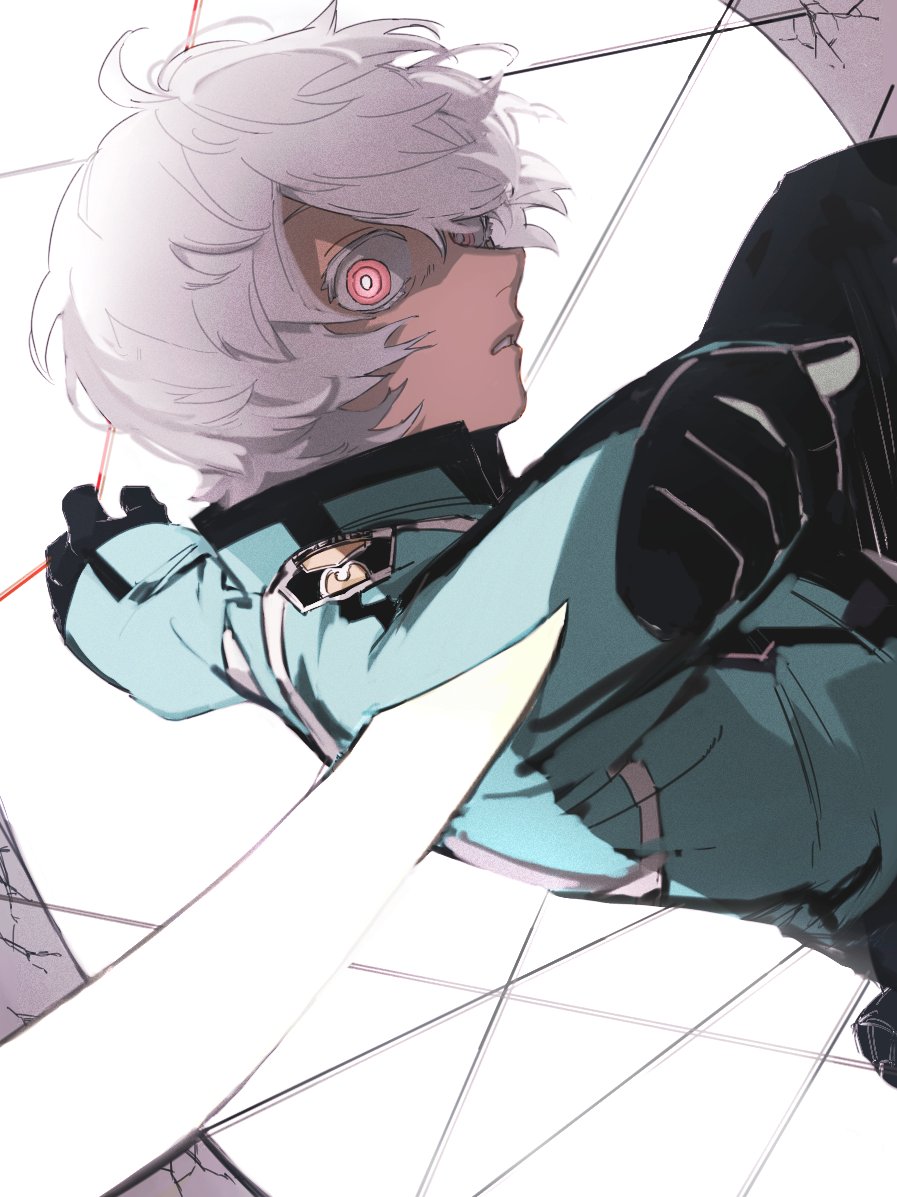 1boy arm_blade badge black_gloves blue_jacket crack dutch_angle floating_hair from_side gloves jacket kuga_yuuma long_sleeves looking_at_viewer male_focus midair mikumo_squad's_uniform outstretched_arms panyasan_777 profile red_eyes ringed_eyes short_hair sideways_glance solo spread_arms string uniform upper_body weapon white_background white_hair world_trigger