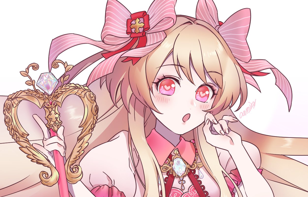 1girl :o anmin blonde_hair blush chaos_marie_(grimms_notes) close-up grimms_notes hair_ribbon heart heart-shaped_pupils holding holding_wand holding_weapon jewelry long_hair necklace open_mouth pendant pink_eyes puffy_short_sleeves puffy_sleeves ribbon short_sleeves solo symbol-shaped_pupils wand weapon white_background
