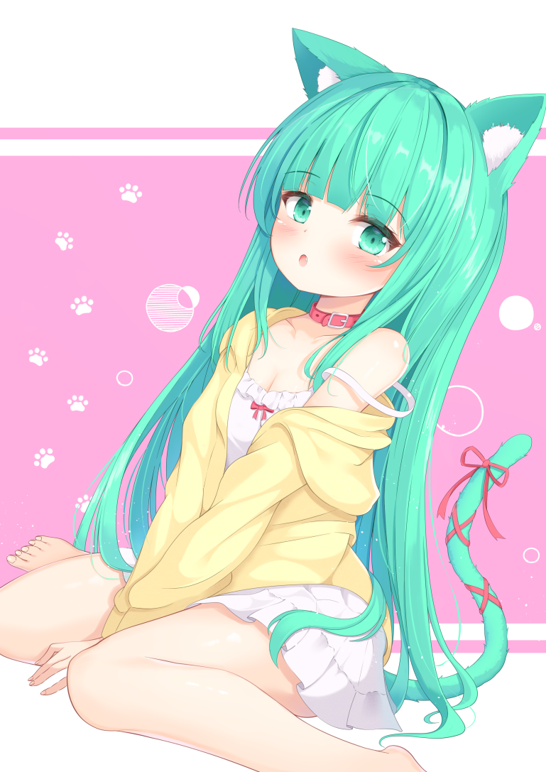 1girl :o animal_ear_fluff animal_ears bad_id bad_pixiv_id bare_legs barefoot between_legs blush bow breasts cardigan cat_ears cat_girl cat_tail cleavage collar collarbone dress green_eyes green_hair green_tail hand_between_legs jacket long_hair long_sleeves mikaze_oto off_shoulder open_clothes open_mouth original simple_background single_bare_shoulder sitting skirt solo tail tail_ornament thighs very_long_hair wariza white_skirt yellow_cardigan yellow_jacket