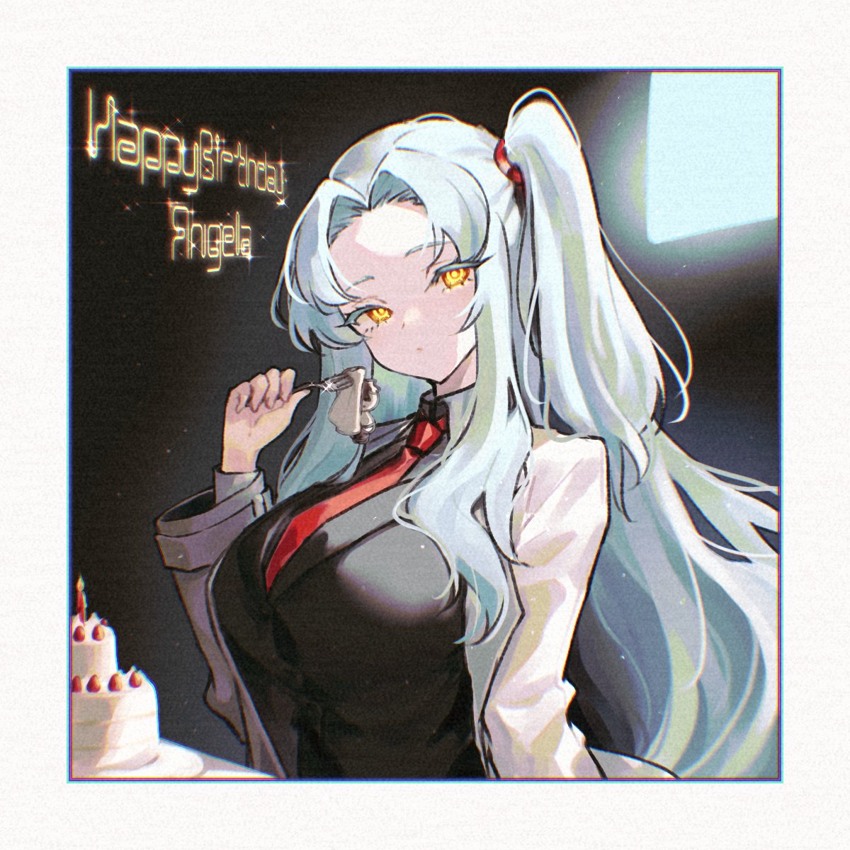 1girl angela_(project_moon) birthday_cake black_shirt black_vest blue_hair breasts cake closed_mouth coat collared_shirt food fork glowing glowing_eyes highres holding holding_fork huge_breasts lab_coat lobotomy_corporation long_hair long_sleeves looking_at_viewer one_side_up parted_bangs project_moon shirt sidelocks solo very_long_hair vest white_coat wing_collar y0ru73 yellow_eyes