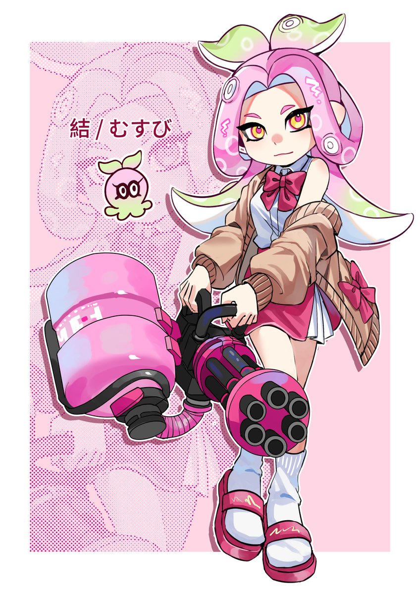 1girl border citrusplatsoda colored_tips commentary_request full_body green_hair gun heavy_splatling_(splatoon) highres holding holding_gun holding_weapon long_hair multicolored_hair octoling octoling_girl octoling_player_character outside_border pink_background pink_hair pink_pupils sandals socks solo splatoon_(series) splatoon_3 standing tentacle_hair topknot translation_request two-tone_hair weapon white_border white_socks yellow_eyes zoom_layer