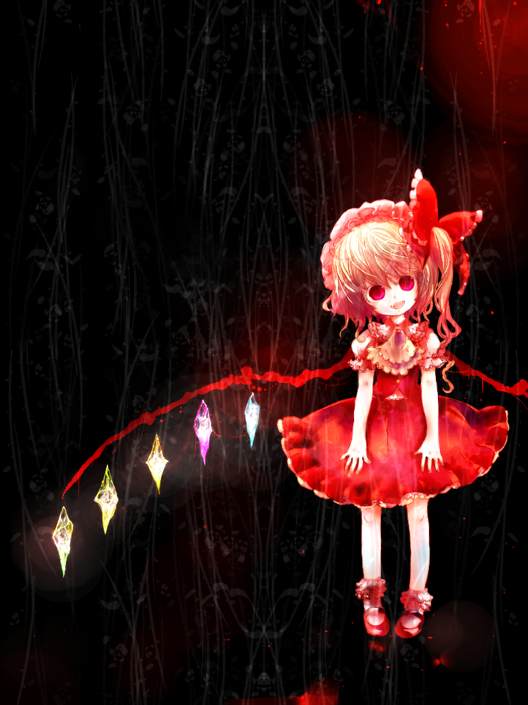 1girl ascot black_background blonde_hair bobby_socks bow crystal dark_background flandre_scarlet full_body glowing glowing_wings hair_bow head_tilt looking_at_viewer mary_janes masamune_(eight5050) medium_hair one_side_up open_mouth puffy_short_sleeves puffy_sleeves red_bow red_eyes red_skirt red_vest shirt shoes short_sleeves simple_background skirt socks solo touhou vest white_shirt wings