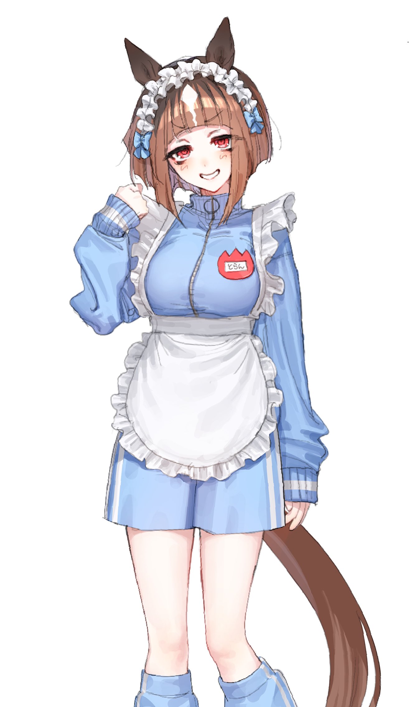 1girl animal_ears apron arm_at_side blue_jacket blue_shorts blush breasts brown_hair feet_out_of_frame frilled_hairband frills grin hairband hand_up highres horse_ears horse_girl horse_tail jacket jersey_maid leg_warmers looking_at_viewer maid medium_breasts name_tag ningen3333 red_eyes short_hair shorts simple_background sleeves_past_wrists smile solo tail transcend_(umamusume) umamusume unconventional_maid v-shaped_eyebrows waist_apron white_background