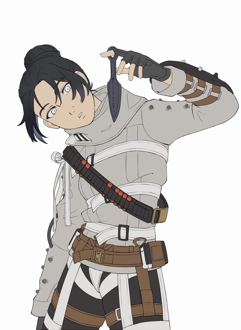 1girl animification apex_legends belt black_hair black_pants brown_belt cowboy_shot ehwhaaa english_commentary grey_jacket hair_behind_ear hair_bun head_tilt highres jacket kunai looking_to_the_side official_alternate_costume pants parted_lips simple_background single_hair_bun solo the_liberator_wraith thigh_belt thigh_strap unfinished weapon white_background white_belt white_eyes wraith's_kunai wraith_(apex_legends)