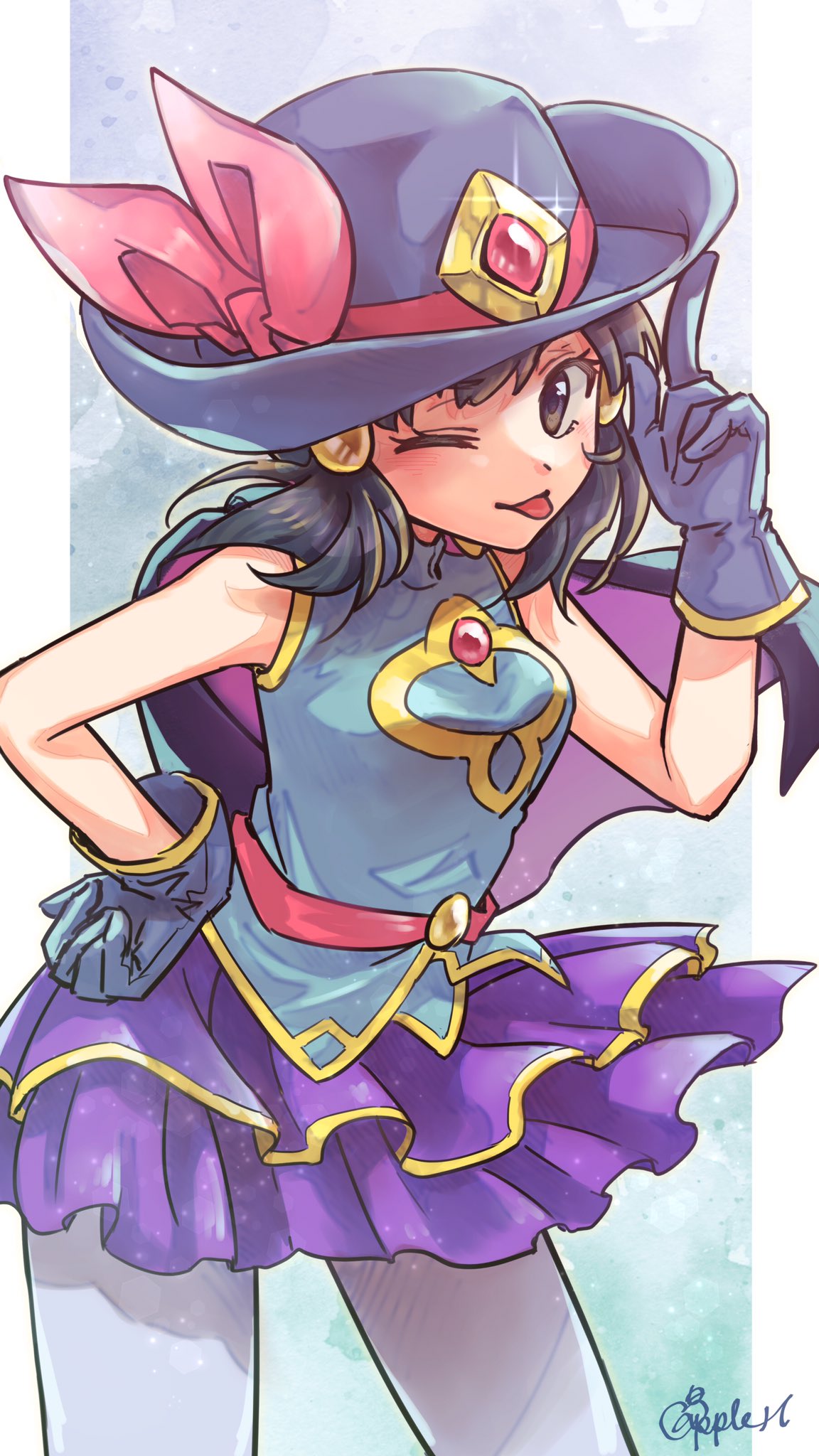 1girl ;p bare_shoulders black_eyes black_hair blue_shirt capelet dawn_(sygna_suit)_(pokemon) gloves hair_ornament hairclip hand_on_own_hip hat highres hikari_(pokemon) index_finger_raised long_hair looking_at_viewer minatoya_ringo official_alternate_costume one_eye_closed pantyhose pokemon pokemon_masters_ex purple_capelet purple_skirt shirt signature skirt sleeveless sleeveless_shirt solo tongue tongue_out white_pantyhose