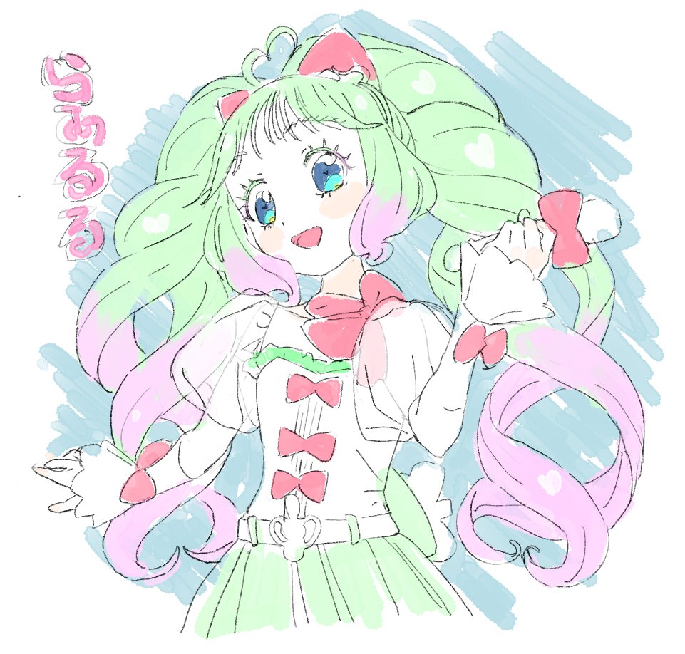 1girl :d blue_eyes bow character_name cowboy_shot green_hair hair_bow hand_up holding holding_microphone kkxxxx laalulu long_hair looking_at_viewer microphone multicolored_hair open_mouth pink_bow pretty_series pripara puffy_short_sleeves puffy_sleeves short_sleeves smile solo standing twintails