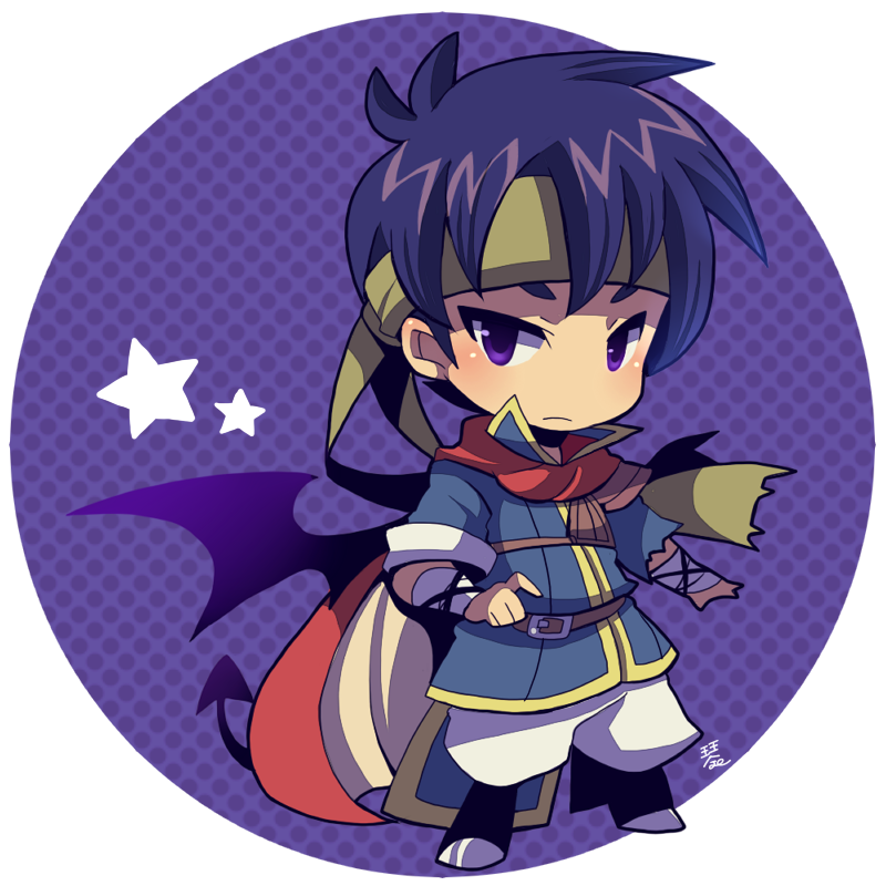 1boy belt blue_shirt border brown_belt brown_headband cape chibi chibi_only closed_mouth demon_boy demon_tail demon_wings fire_emblem fire_emblem:_path_of_radiance full_body headband hooves ike_(fire_emblem) kotorai looking_at_viewer male_focus no_nose purple_background purple_hair red_cape round_border round_image shirt short_hair signature solo standing star_(symbol) tail violet_eyes white_border wings