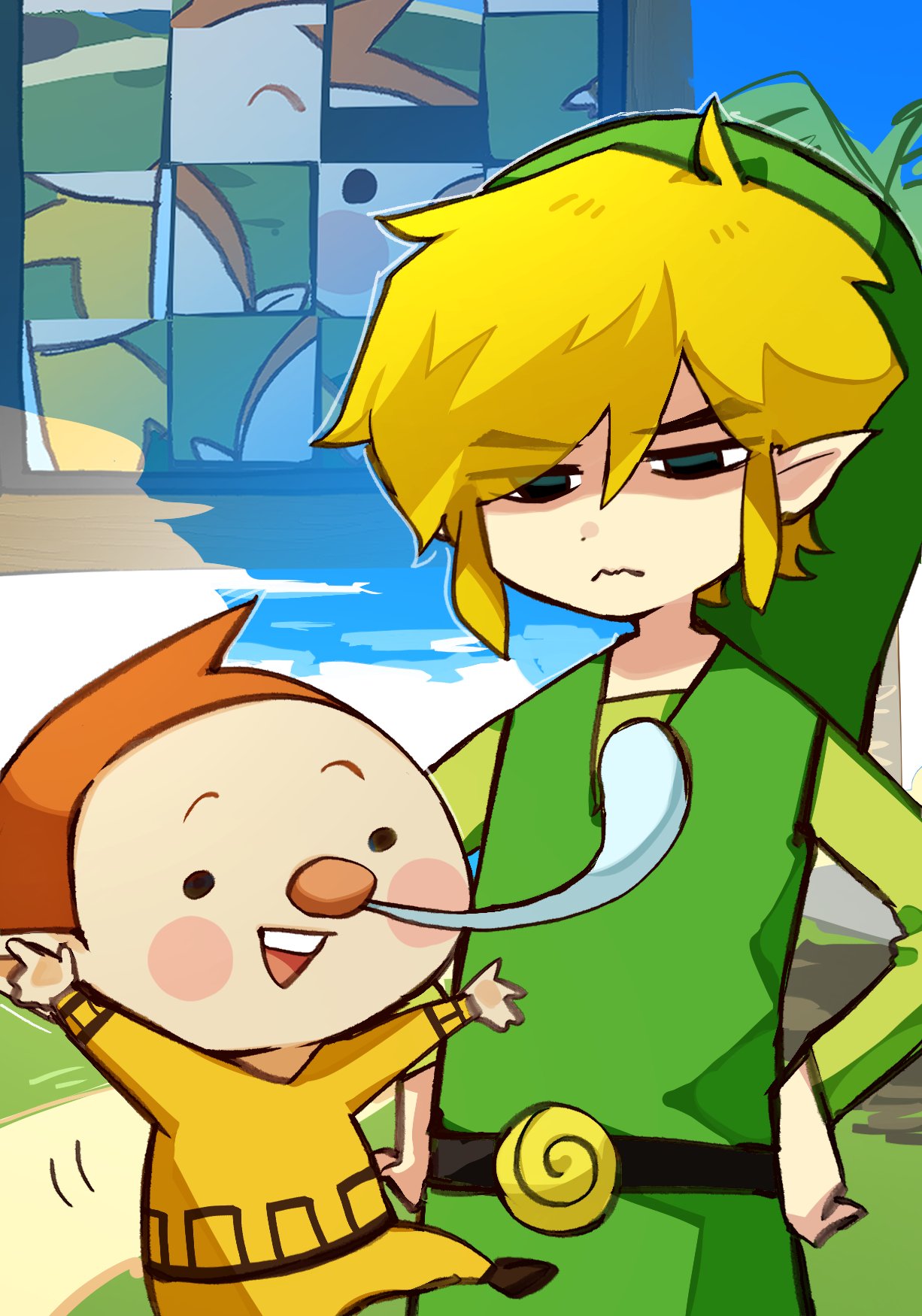 2boys annoyed belt black_eyes blonde_hair clouds cloudy_sky green_tunic hand_on_own_hip highres jigsaw_puzzle katsuobushi_(eba_games) link looking_at_another multiple_boys outdoors pointy_ears puzzle red_nose redhead sky snot_trail the_legend_of_zelda the_legend_of_zelda:_the_wind_waker toon_link zill_(zelda)
