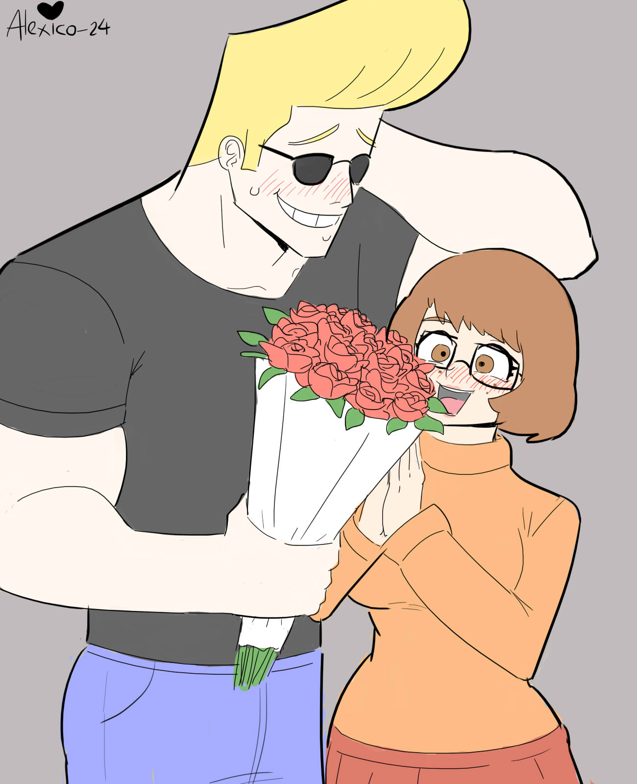 1boy 1girl biceps black-framed_eyewear black_shirt blonde_hair blue_pants bouquet breasts broad_shoulders brown_eyes brown_hair cartoon_network clothes_lift crossover denim flower freckles gift glasses grin hand_on_own_head hanna-barbera height_difference highres holding holding_bouquet jeans johnny_bravo johnny_bravo_(series) large_breasts large_pectorals muscular muscular_male nervous nervous_smile nervous_sweating orange_sweater own_hands_clasped own_hands_together pants pectorals pompadour red_flower red_rose red_skirt rose scooby-doo scratching_head shirt short_hair shy skirt smile spanish_commentary sunglasses sweat sweatdrop sweater sweater_lift thecooleralexico tight_clothes tight_shirt turtleneck turtleneck_sweater twitter_username velma_dace_dinkley