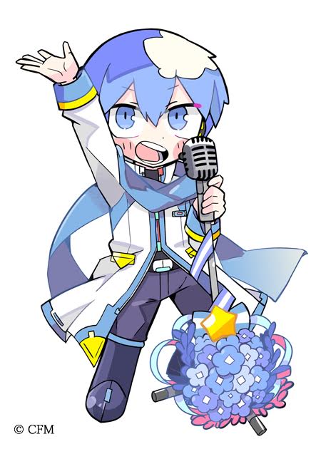 1boy aoyagi_touya arm_up belt belt_buckle black_belt black_shirt blue_bow blue_flower blue_footwear blue_hair blue_pants blue_scarf bow buckle coat collared_coat commentary_request copyright_notice denim flower full_body high_collar holding holding_microphone_stand jeans long_sleeves male_focus microphone_stand pants project_sekai scarf shirt shoes short_hair simple_background single_stripe solo star_(symbol) striped_bow terada_tera white_background white_coat white_sleeves