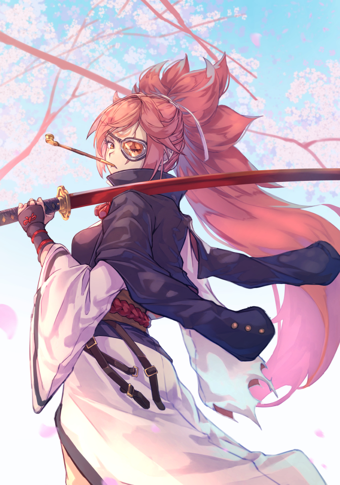 arm_ribbon baiken big_hair cherry_blossoms collared_shirt fingerless_gloves gloves guilty_gear hair_tie holding holding_sword holding_weapon jacket jacket_on_shoulders japanese_clothes kimono long_hair looking_to_the_side obi one_eye_closed online_neet open_clothes open_jacket over_shoulder petals pipe_in_mouth red-tinted_eyewear red_ribbon redhead ribbon samurai sash scar scar_across_eye shirt smoking_pipe sword sword_over_shoulder tinted_eyewear torn_clothes torn_sleeves weapon weapon_over_shoulder white_kimono