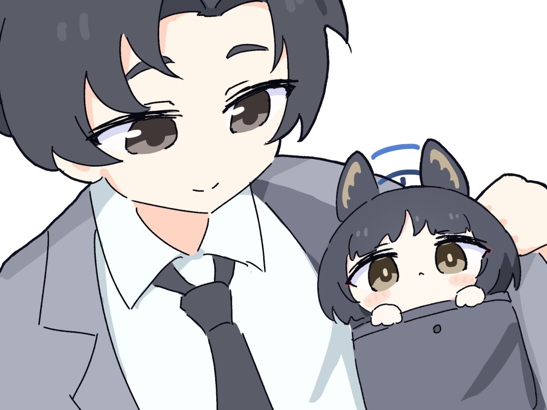 1boy 1girl animal_ears black_hair black_necktie blue_archive blue_halo blush_stickers brown_eyes character_request chibi closed_mouth collared_shirt commentary_request grey_suit halo looking_at_another looking_at_viewer male_focus necktie sensei_(blue_archive) sensei_(blue_archive_the_animation) shirt short_hair simple_background smile suit umihio upper_body white_background white_shirt
