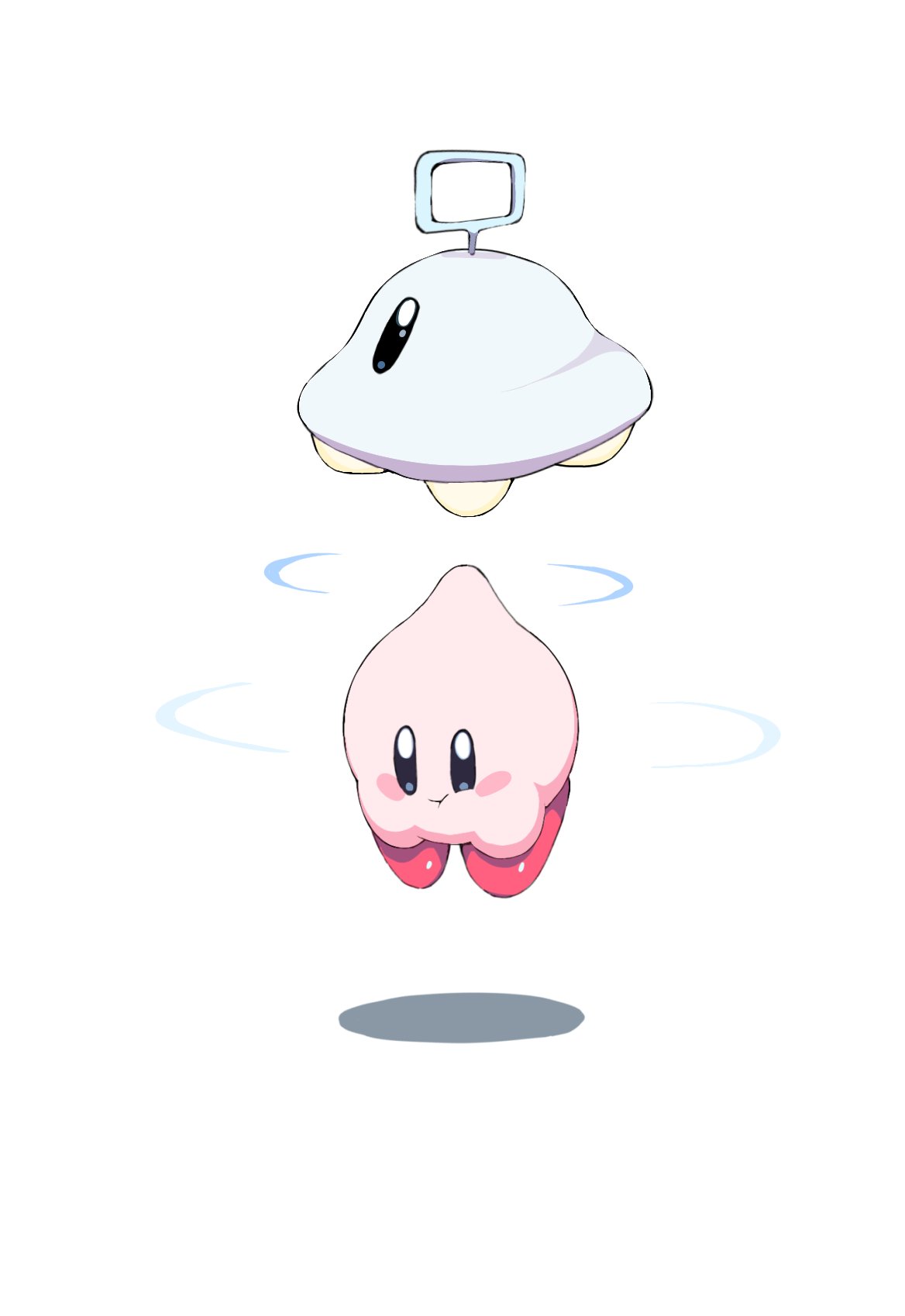 1boy colored_skin commentary floating highres kirby kirby_(series) mikanbananala pink_skin pulling red_footwear shoes simple_background ufo ufo_(kirby) white_background