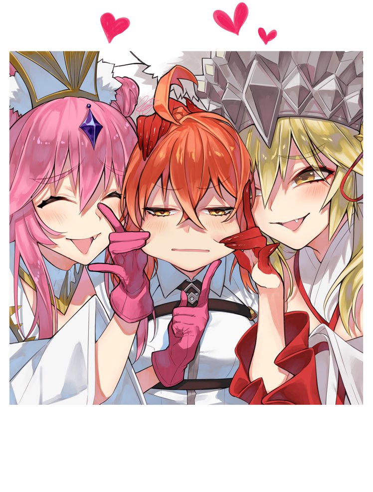 3girls :| ahoge animal_ear_fluff animal_ears belt blonde_hair blush chaldea_uniform cheek_pinching closed_eyes closed_mouth commentary crown detached_collar eyeshadow fate/grand_order fate_(series) fujimaru_ritsuka_(female) gloves hair_between_eyes hair_ornament half-closed_eyes hand_on_another's_chin hand_on_another's_head happy heart japanese_clothes kimono kitsune koyanskaya_(assassin)_(third_ascension)_(fate) koyanskaya_(fate) koyanskaya_(lostbelt_beast:iv)_(fate) looking_at_another looking_at_viewer makeup multiple_girls picture_frame pinching pink_gloves pink_hair red_eyeshadow red_hands redhead rkp sidelocks signature smile stroking_another's_chin tamamo_(fate) unamused white_hat white_kimono white_uniform wide_sleeves yellow_eyes yuri