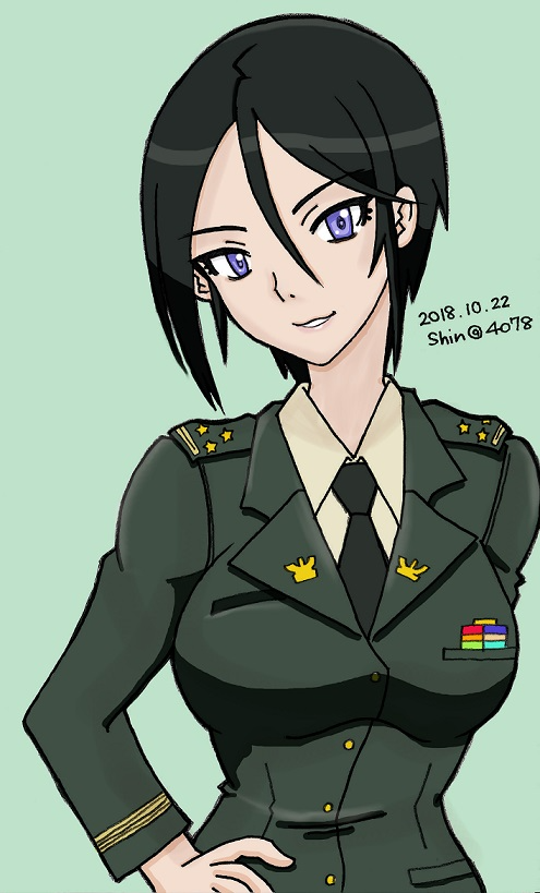 1girl chouno_ami girls_und_panzer green_shirt green_skirt japan_self-defense_force necktie