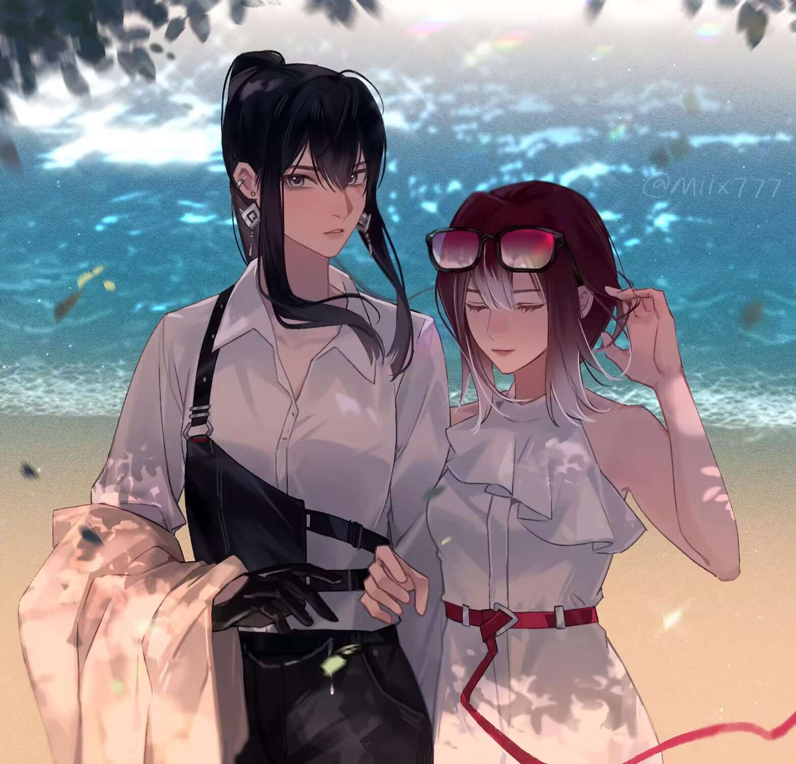 2girls bare_arms beach belt black_hair black_pants chinese_commentary closed_eyes closed_mouth collared_shirt commentary_request dress ear_piercing earrings eyewear_on_head falling_leaves gradient_hair grey_eyes hand_in_own_hair hand_up highres jewelry leaf locked_arms long_hair long_sleeves looking_at_viewer miix777 multicolored_hair multiple_girls ocean outdoors pants parted_lips path_to_nowhere piercing pink-tinted_eyewear ponytail rahu_(path_to_nowhere) redhead sand shalom_(path_to_nowhere) shirt shore sidelocks sleeveless sleeveless_dress sunglasses tinted_eyewear twitter_username upper_body white_dress white_hair white_shirt