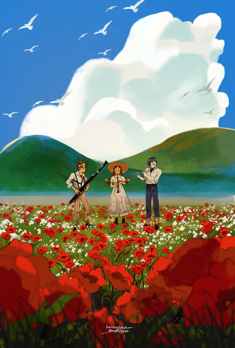 1boy 2girls ace_attorney bassoon bird black_pants braid brown_hair clarinet closed_eyes clouds commentary cumulonimbus_cloud dress english_commentary field flower flower_field flute glasses headband hill holding holding_instrument hugh_o'conner instrument juniper_woods multiple_girls music naruysae outdoors pants playing_instrument poppy_(flower) reverse_trap robin_newman signature striped_clothes striped_pants suspenders transverse_flute twin_braids twitter_username white_bird white_dress white_flower white_headband