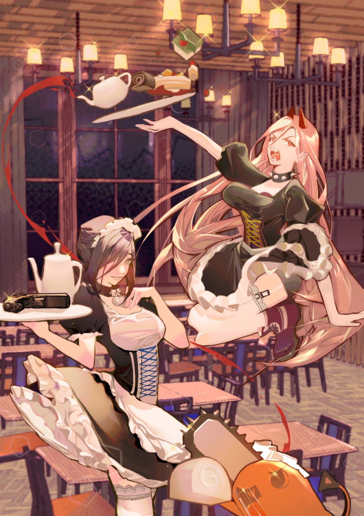 2girls apron black_dress breasts cafe chainsaw_man collar creature demon_girl demon_horns dress furrowed_brow garter_straps gun hair_between_eyes hair_over_one_eye hand_on_own_chest handgun highres holding holding_tray horns indoors large_breasts lihonghua314 long_hair maid maid_apron maid_headdress medium_breasts medium_hair multiple_girls open_mouth pendant_choker pink_hair pitcher pochita_(chainsaw_man) power_(chainsaw_man) puffy_short_sleeves puffy_sleeves red_eyes red_footwear red_horns reze_(chainsaw_man) sharp_teeth short_sleeves shouting smile spiked_collar spikes table teapot teeth thigh-highs tray updo weapon white_thighhighs