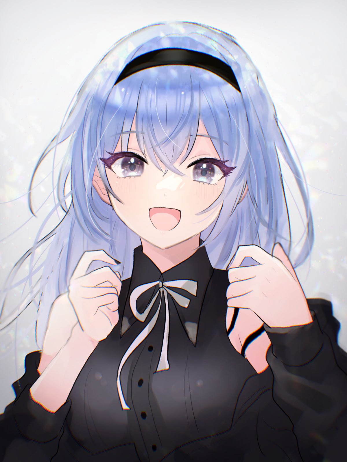 1girl bare_shoulders black_hairband black_jacket black_shirt blue_hair blurry blush bow bowtie breasts depth_of_field dot_nose grey_background hair_between_eyes hairband hands_up highres idolmaster idolmaster_shiny_colors idolmaster_shiny_colors_song_for_prism jacket long_hair long_sleeves looking_at_viewer medium_breasts off_shoulder open_mouth sakamomo shirt simple_background smile solo suzuki_hana upper_body violet_eyes white_bow white_bowtie