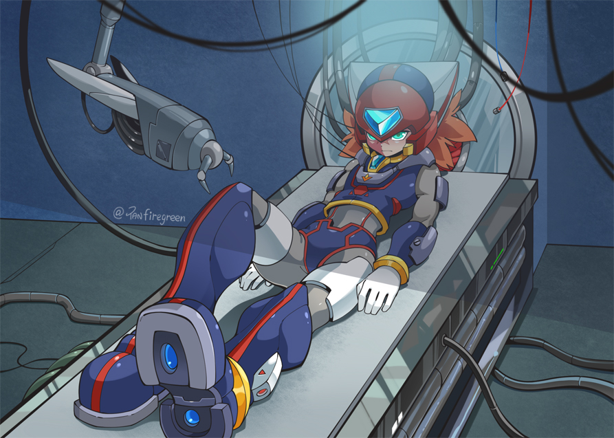 1boy adapted_costume android armored_boots axl_(mega_man) black_footwear boots cable crop_top crotch_plate forehead_jewel glowing glowing_eyes green_eyes medium_hair mega_man_(series) mega_man_x_(series) mega_man_zero_(series) red_helmet solo spiky_hair twitter_username yanfiregreen