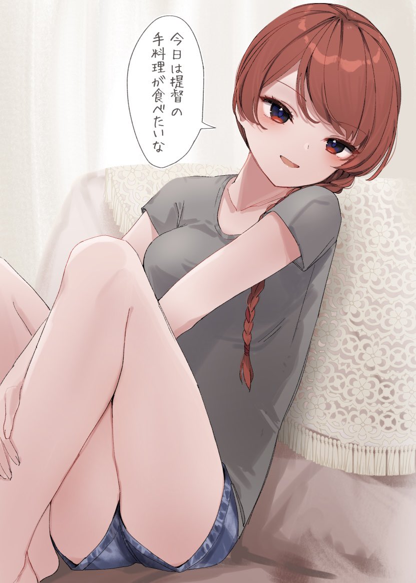 1girl braid breasts hair_over_shoulder kantai_collection legs long_hair looking_at_viewer medium_breasts nevada_(kancolle) red_eyes redhead shirt short_shorts shorts single_braid sitting smile solo t-shirt thighs translation_request yamashichi_(mtseven)