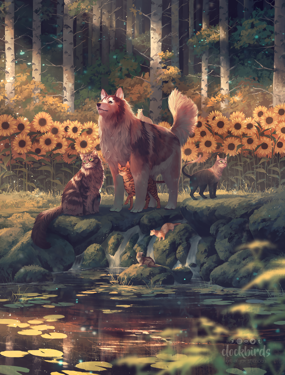 animal_ears animal_focus artist_name birch_tree cat cat_ears cat_tail clockbirds commentary commission dog dog_ears dog_tail english_commentary ferret field flower flower_field forest highres lily_pad looking_ahead making-of_available nature no_humans original outdoors photoshop_(medium) pond scenery sunflower sunflower_field sunlight tail watermark yellow_flower