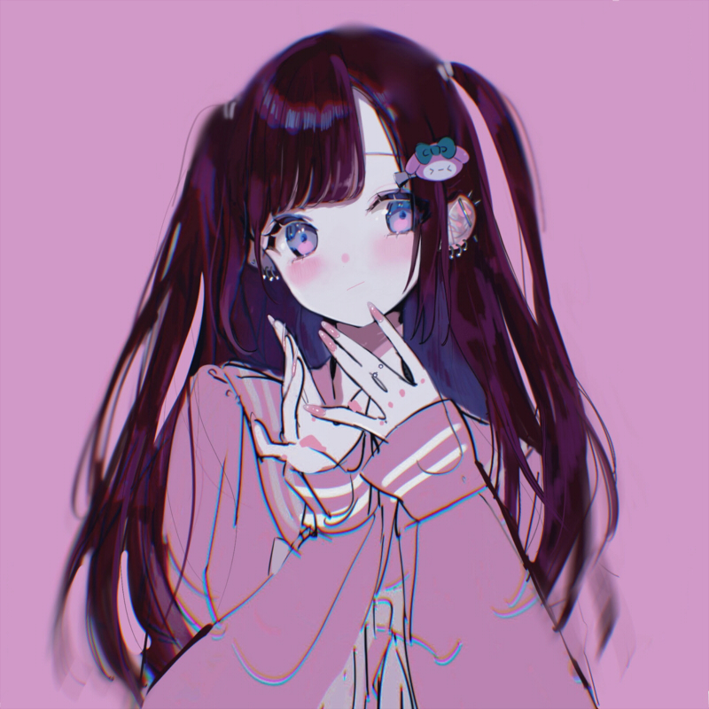 1girl blue_eyes blurry blush brown_hair closed_mouth depth_of_field ear_piercing earrings hair_ornament hands_up jewelry long_hair long_sleeves looking_at_viewer my_melody nail_polish onegai_my_melody original piercing pink_background pink_nails pink_shirt purple_background purple_theme sanrio shikishima_(eiri) shirt simple_background sleeves_past_wrists solo two_side_up upper_body violet_eyes