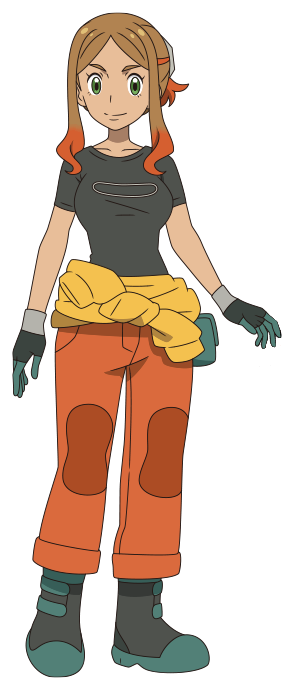 1girl boots breasts brown_hair closed_mouth clothes_around_waist eyelashes gloves green_eyes green_footwear green_gloves looking_at_viewer multicolored_hair official_art orange_hair orange_pants orla_(pokemon) pants parted_bangs pokemon pokemon_(anime) pokemon_horizons shirt short_sleeves sidelocks smile solo split_mouth standing t-shirt transparent_background two-tone_hair