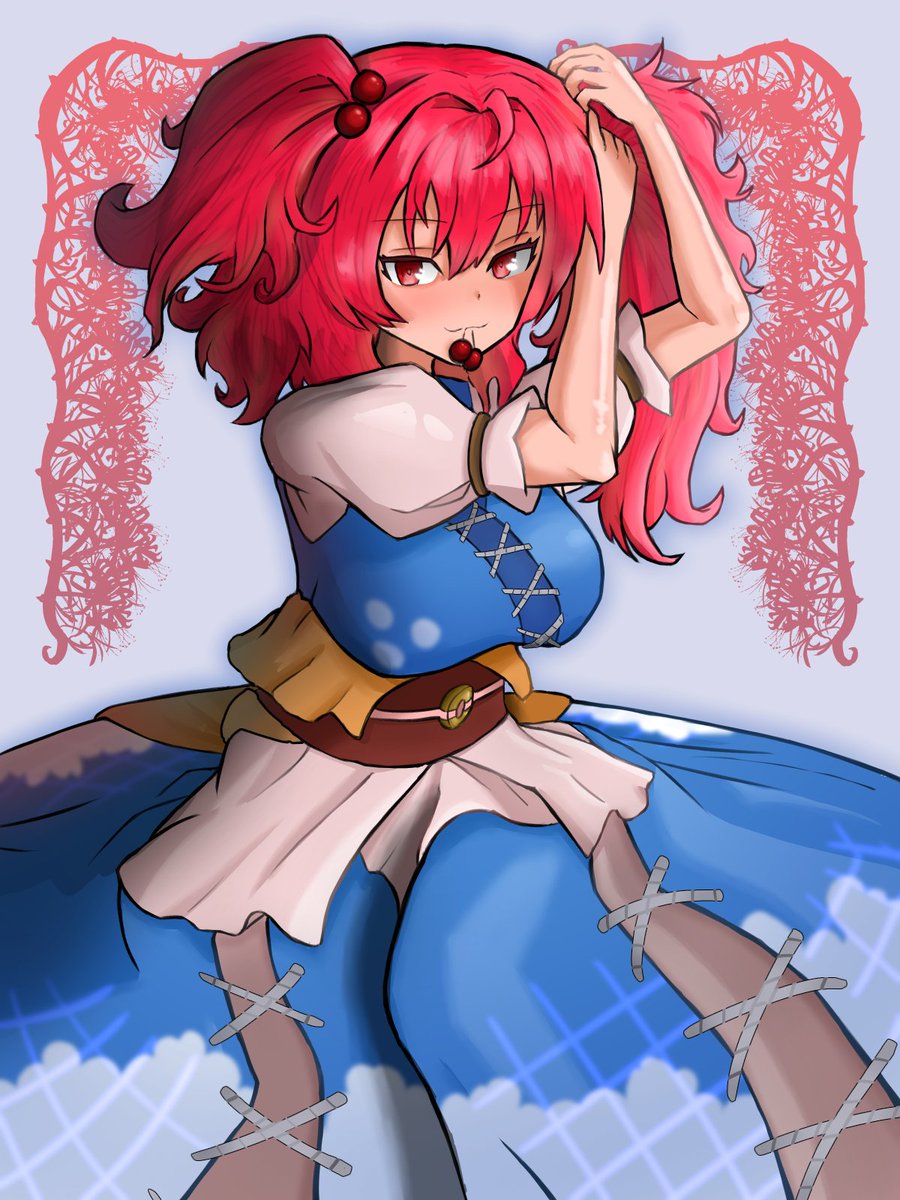 1girl blue_dress blush breasts closed_mouth coin cross-laced_clothes dress flower grey_background hair_bobbles hair_ornament highres large_breasts medium_breasts obi onozuka_komachi red_eyes redhead sash shizen11037 short_sleeves solo spider_lily touhou two_side_up tying_hair