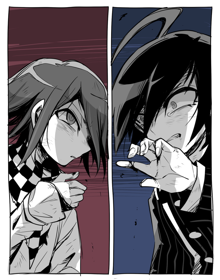 2boys ahoge arm_belt blood blood_on_hands blue_background border buttons checkered_clothes checkered_scarf clenched_teeth collared_shirt commentary_request danganronpa_(series) danganronpa_v3:_killing_harmony eyelashes fingernails greyscale_with_colored_background hair_over_one_eye high_collar jacket layered_sleeves long_sleeves mako_gai male_focus multiple_boys oma_kokichi outstretched_hand palms parted_lips pinstripe_jacket pinstripe_pattern red_background saihara_shuichi scarf shirt short_hair simple_background sleeves_past_wrists tearing_up teeth two-tone_background upper_body v-shaped_eyebrows vertical-striped_sleeves white_border