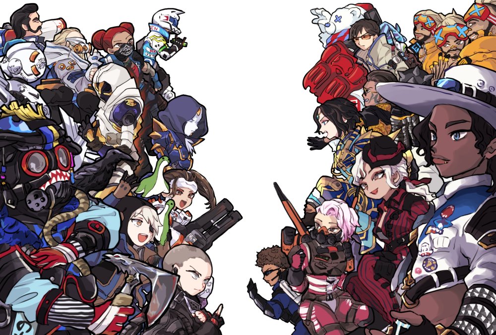 1other 6+boys 6+girls \m/ above_the_law_mad_maggie aces_high_seer ambiguous_gender androgynous android animal_costume animification apex_legends ash_(titanfall_2) axe bad_to_the_bone_lifeline bangalore_(apex_legends) bear_costume bird black_gloves black_hair black_hat blindfold blonde_hair bloodhound_(apex_legends) blue_eyes bodysuit bootlegger_loba brown_eyes brown_eyeshadow brudda_bear_gibraltar caustic_(apex_legends) clown crafty_kitsune_rampart crow crypto_(apex_legends) dark-skinned_female dark-skinned_male dark_skin deep_current_wattson denim denim_jacket divine_right_caustic everyone eyepatch facial_hair fallen_angel_ash fedora fuse_(apex_legends) gibraltar_(apex_legends) gloves goatee goggles goggles_on_head golden_boson_horizon grey_hair hair_slicked_back hat helmet holding holding_axe holding_knife horizon_(apex_legends) humanoid_robot inconspicuous_crypto jacket knife kuji-in kunai lifeline_(apex_legends) lit_witt_mirage loba_(apex_legends) mad_maggie_(apex_legends) midriff mirage_(apex_legends) motorcycle_helmet multiple_boys multiple_girls natural_born_daredevil_fuse open_mouth orange_jacket pathfinder_(apex_legends) pink_bodysuit pink_hair pompadour rampart_(apex_legends) raven's_bite red_shirt revenant_(apex_legends) riku_(ururi7610) robot sacred_divinity_revenant seer_(apex_legends) sheila_(minigun) shirt side_ponytail simulacrum_(titanfall) skeleton_print slingshot_valkyrie smile sunglasses the_enforcer_bangalore v-shaped_eyebrows valkyrie_(apex_legends) vengeance_seeker_wraith war_machine_pathfinder wattson_(apex_legends) weapon white_background white_gloves white_hair white_helmet wraith's_kunai wraith_(apex_legends)