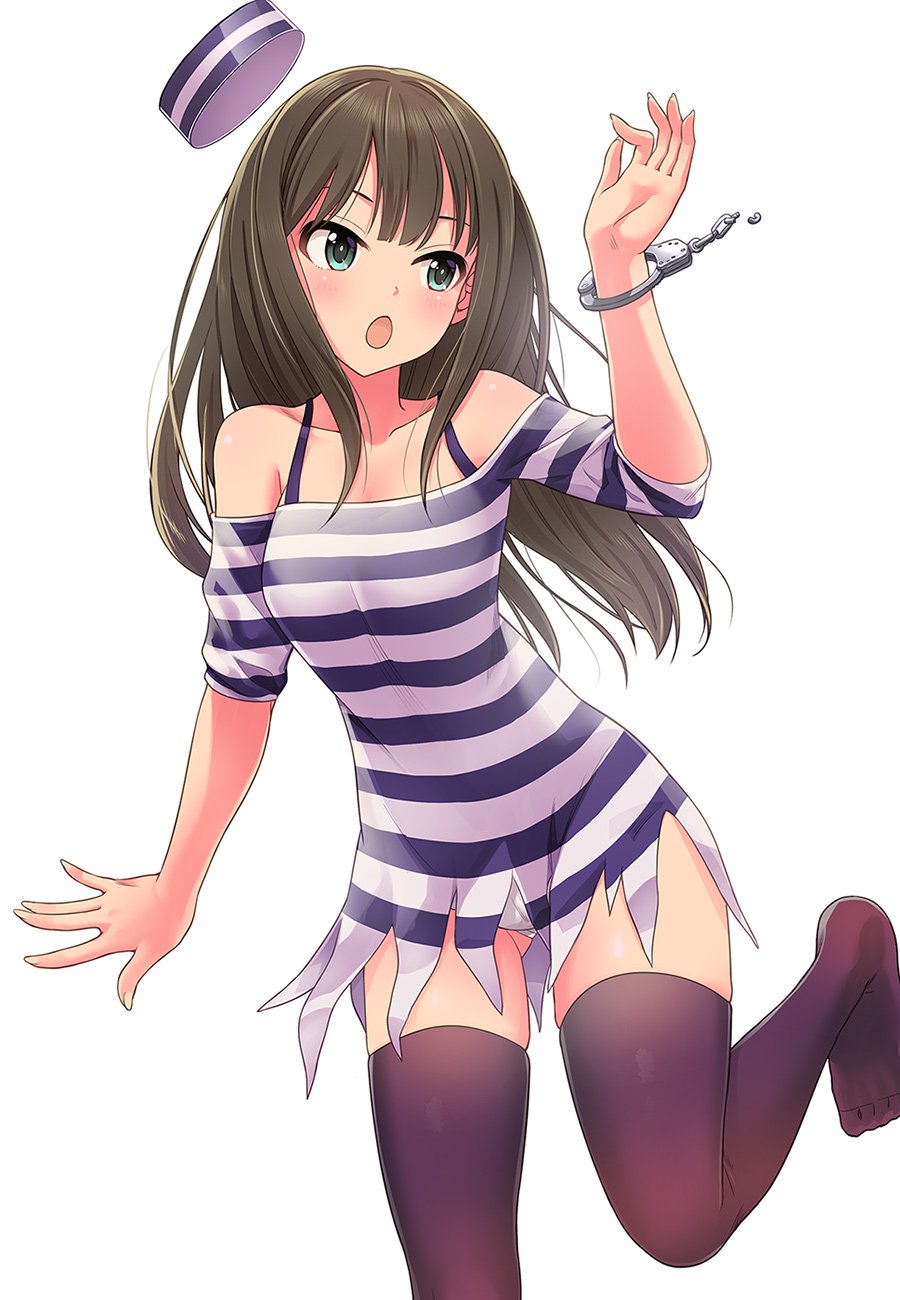 1girl bare_shoulders black_thighhighs blush bra_strap breasts brown_hair collarbone cuffs dot_nose dress floating_hat green_eyes hand_up handcuffs highres idolmaster idolmaster_cinderella_girls idolmaster_cinderella_girls_starlight_stage leg_up long_hair looking_at_another medium_breasts mk_(mod0) off-shoulder_dress off_shoulder open_mouth prison_clothes shibuya_rin short_sleeves simple_background solo standing standing_on_one_leg striped_clothes striped_dress thigh-highs white_background zettai_ryouiki