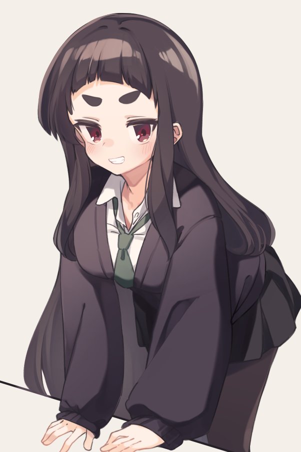 1girl bad_anatomy black_hair black_skirt black_sweater blush breasts brown_pantyhose collarbone collared_shirt commentary_request green_necktie grey_background grin kuranami_shiki long_hair long_sleeves looking_at_viewer medium_breasts natsuki_teru necktie original pantyhose pleated_skirt puffy_long_sleeves puffy_sleeves red_eyes shirt short_eyebrows simple_background skirt sleeves_past_wrists smile solo sweater thick_eyebrows v-shaped_eyebrows very_long_hair white_shirt