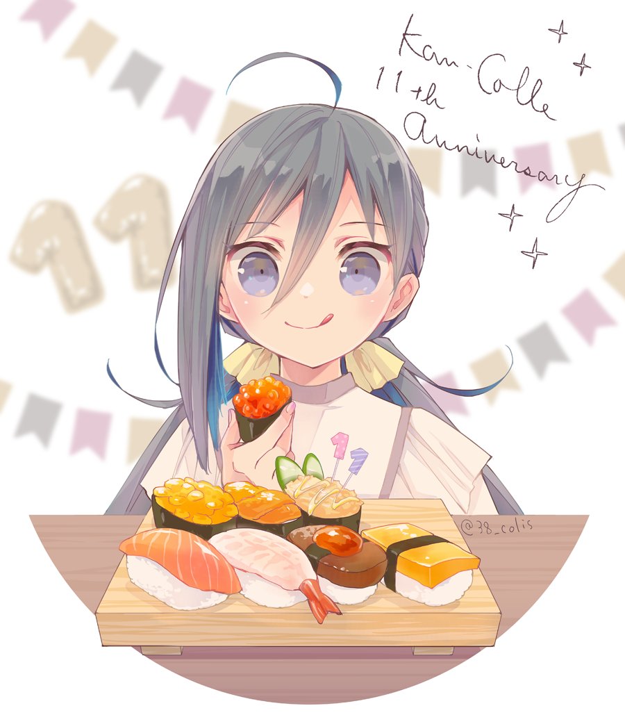 1girl :q ahoge anniversary blue_hair colis copyright_name food grey_hair hair_between_eyes hair_ribbon holding holding_food kantai_collection kiyoshimo_(kancolle) long_hair low_twintails multicolored_hair ribbon smile solo sushi table tongue tongue_out twintails twitter_username upper_body violet_eyes yellow_ribbon