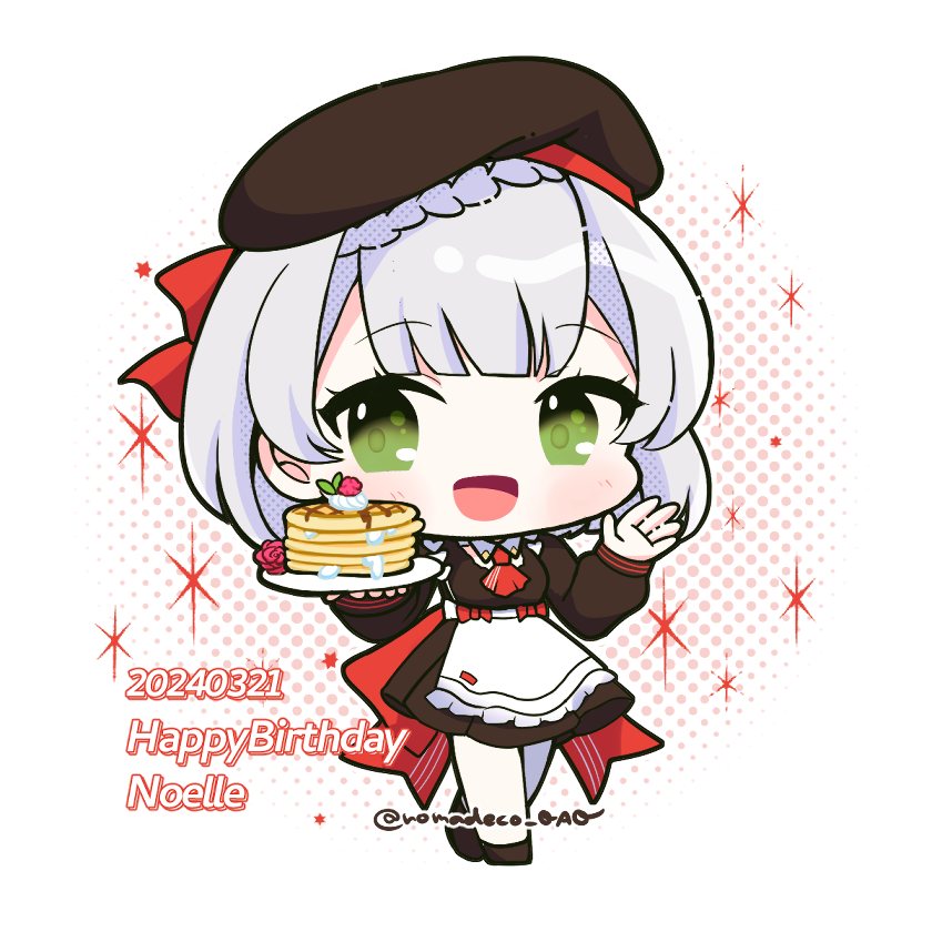 1girl apron ascot beret black_dress black_footwear blunt_bangs bow braid breasts character_name chibi commentary dated dotted_background dress english_text food frilled_apron frills full_body genshin_impact green_eyes grey_hair happy_birthday hat holding holding_plate lighter-than-air_pancake_(genshin_impact) long_sleeves looking_at_viewer medium_breasts medium_hair meruko_(romadeco_0a0) mint noelle_(genshin_impact) noelle_(kfc)_(genshin_impact) open_mouth pancake pantyhose plate red_ascot red_background red_bow smile solo standing symbol-only_commentary twitter_username waist_apron whipped_cream white_apron white_background white_pantyhose