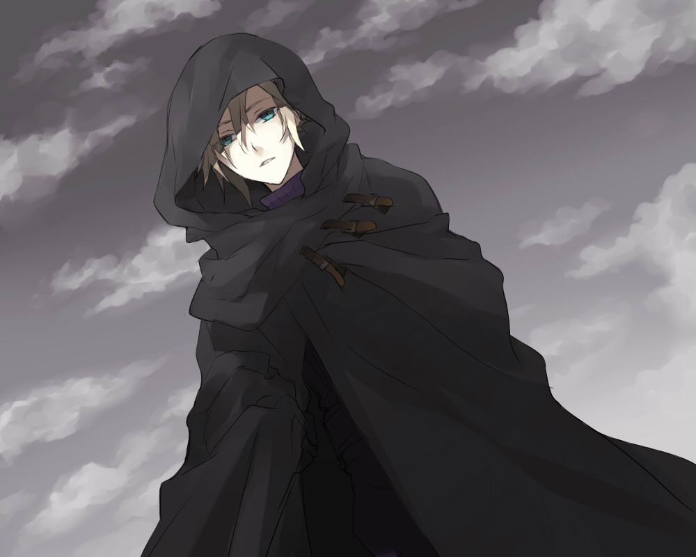 1boy alternate_costume bisukorokoro black_robe blonde_hair blue_eyes cloud_strife clouds cloudy_sky expressionless final_fantasy final_fantasy_vii grey_sky high_collar hood hood_up hooded_robe male_focus outdoors robe short_hair sky solo standing third-party_source turtleneck upper_body