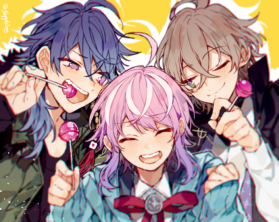 3boys ahoge amemura_ramuda arisugawa_dice black_shirt blue_hair blue_jacket brown_hair closed_eyes closed_mouth fling_posse gradient_hair green_eyes green_vest hand_up hood hood_down hooded_jacket hypnosis_mic jacket looking_at_another looking_to_the_side multicolored_hair multiple_boys neck_ribbon one_eye_closed open_mouth pink_hair pink_ribbon purple_hair ribbon sapphire_(nine) shirt simple_background smile streaked_hair vest violet_eyes white_shirt yellow_background yumeno_gentaro