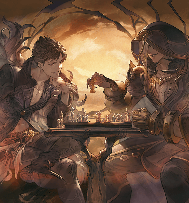 2boys armor beelzebub_(granblue_fantasy) belial_(granblue_fantasy) belt bishounen blonde_hair board_game boots braid brown_hair chess chess_piece cross crossed_legs dark-skinned_male dark_skin dusk feather_boa game_cg gauntlets gloves granblue_fantasy grin hood hood_up jewelry latin_cross lipstick makeup midriff minaba_hideo multiple_boys no_eyes official_art parted_bangs parted_lips partially_unbuttoned pectorals playing_chess red_eyes shaded_face smile spiky_hair third-party_source
