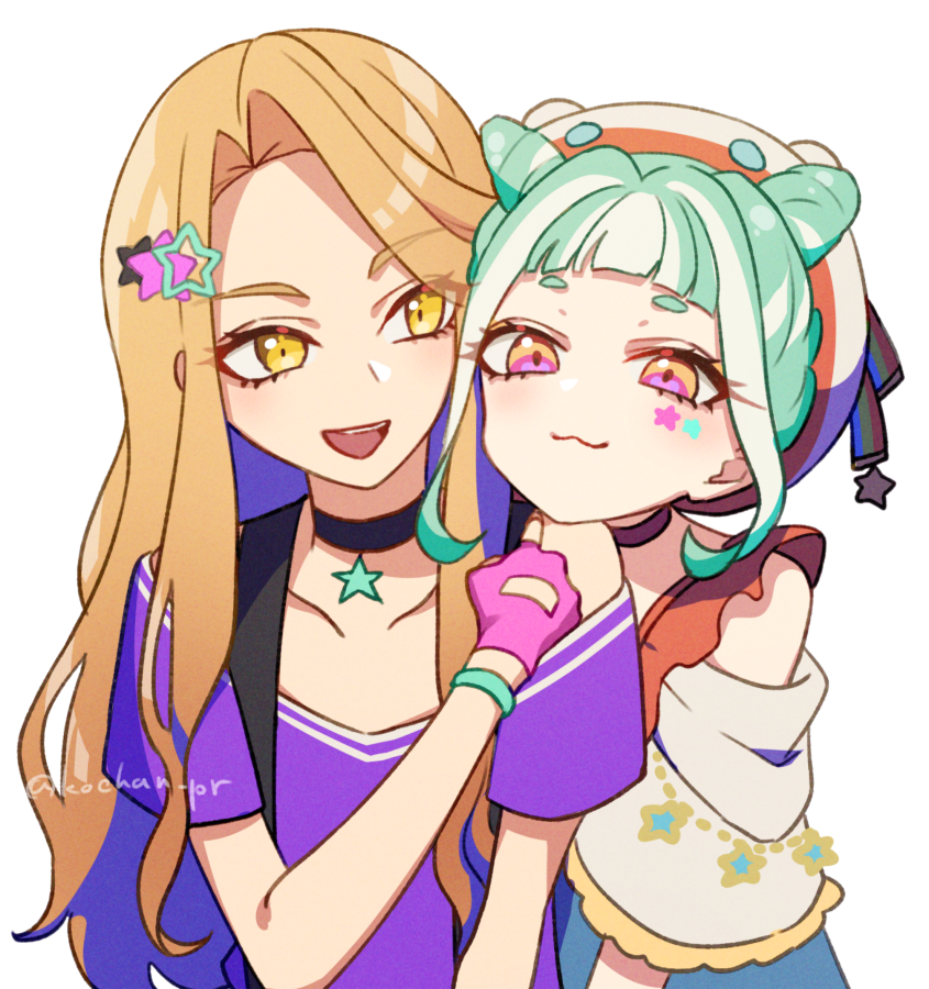 2girls :3 :d black_choker blonde_hair blunt_bangs bracelet chimumu choker closed_mouth commentary_request cone_hair_bun double_bun gloves green_hair hair_bun hair_ornament hand_up hat head_on_another's_shoulder jewelry ko_(kochan_pr) long_hair looking_at_another multicolored_hair multiple_girls open_mouth pink_gloves pretty_series purple_shirt shirt short_hair short_sleeves sidelocks simple_background smile star_(symbol) star_choker star_hair_ornament star_sticker sticker_on_face streaked_hair upper_body waccha_primagi! white_background white_hair yayoi_hina yellow_eyes