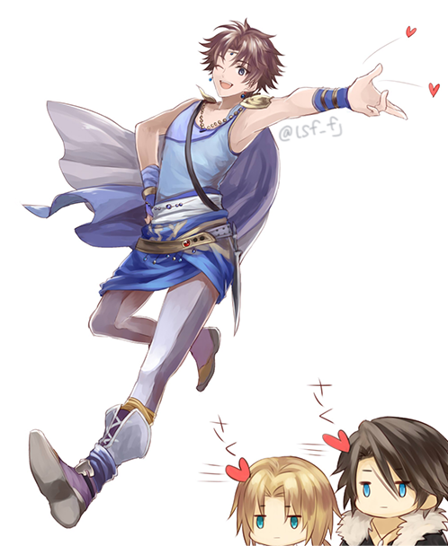 3boys arm_up armor bartz_klauser bead_necklace beads belt blonde_hair blue_cape blue_eyes blue_skirt blue_tank_top boots bridal_gauntlets brown_hair cape chibi chibi_inset circlet dagger dissidia_final_fantasy expressionless final_fantasy final_fantasy_ix final_fantasy_v final_fantasy_viii full_body fur-trimmed_jacket fur_trim gem green_eyes hand_on_own_hip happy heart jacket jewelry jitome knife leggings looking_at_viewer low_ponytail male_focus multiple_boys necklace one_eye_closed open_mouth outstretched_arm pendant red_gemstone running sasanomesi scar scar_on_face short_hair short_hair_with_long_locks shoulder_armor simple_background skirt smile spoken_heart squall_leonhart tank_top teeth translation_request twitter_username upper_teeth_only weapon white_background white_leggings zidane_tribal