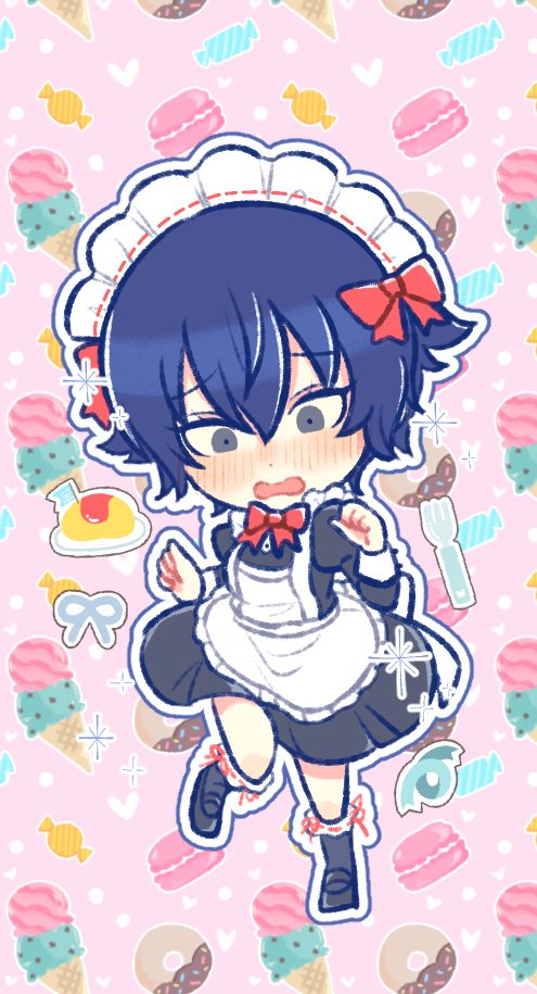1girl alternate_costume apron blue_eyes blue_hair bow bowtie chibi doughnut embarrassed food fork grey_eyes ice_cream jiulinteng maid maid_apron maid_headdress omelet omurice persona persona_4 red_bow red_bowtie reverse_trap ribbon shirogane_naoto short_hair solo tomboy