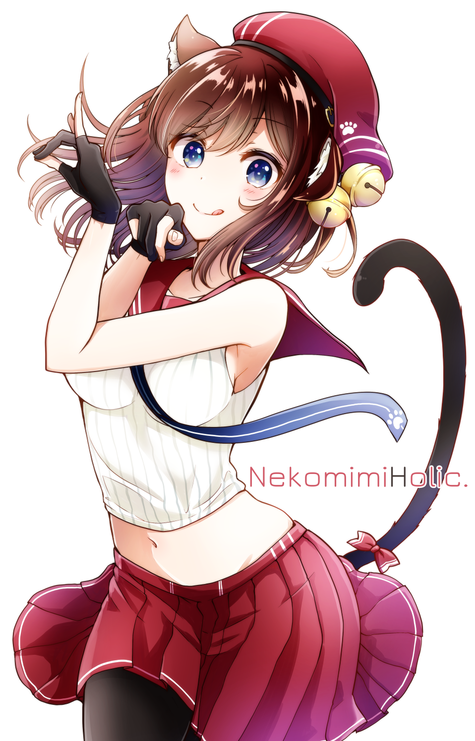 1girl :p animal_ears banjou_azusa bell black_tail blue_eyes bow brown_hair cat_ears cat_girl cat_paw cat_tail english_text gloves highres jingle_bell looking_at_viewer navel neckerchief original pantyhose partially_fingerless_gloves pleated_skirt red_hat red_neckerchief red_skirt ribbed_shirt sailor_collar school_uniform serafuku shirt short_hair simple_background skirt sleeveless smile solo tail tail_bow tail_ornament tongue tongue_out white_background