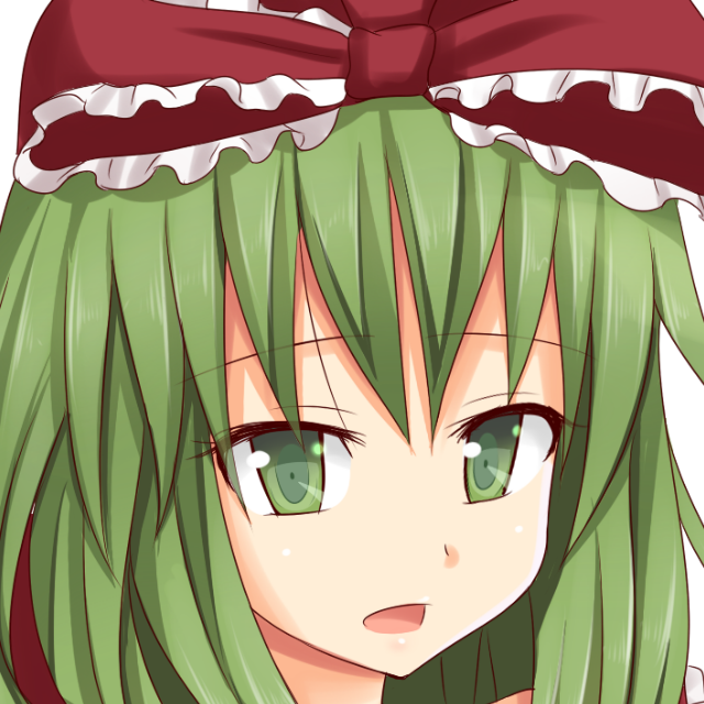 1girl bow commentary_request gin'you_haru green_eyes green_hair hair_bow kagiyama_hina looking_at_viewer open_mouth portrait profile_picture red_bow simple_background solo touhou upper_body white_background