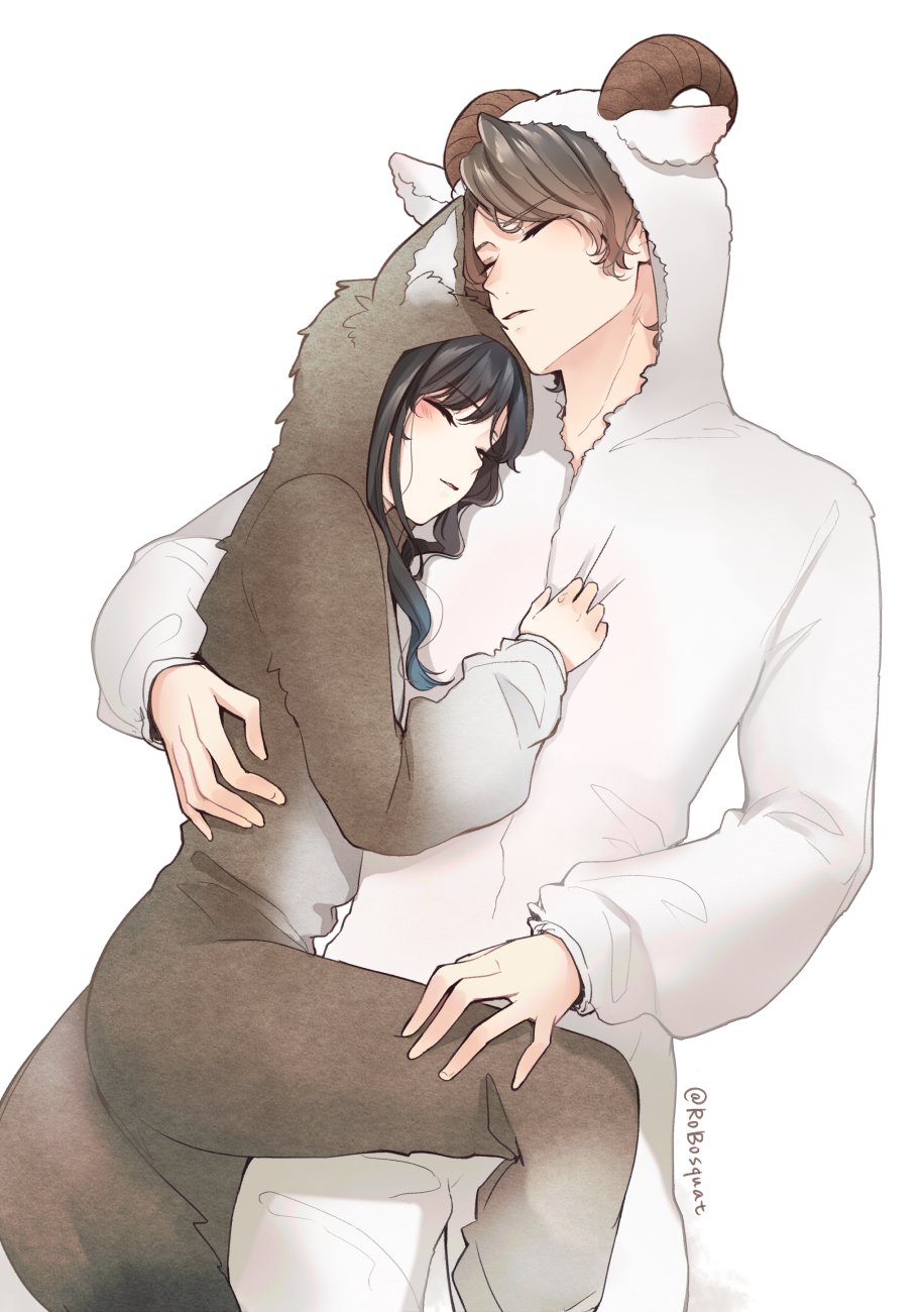 1boy 1girl animal_costume black_hair blush brown_hair carrot_(robosquat) closed_eyes commentary_request couple hand_on_another's_chest hetero highres long_hair original parted_lips sheep_costume sleeping wolf_costume