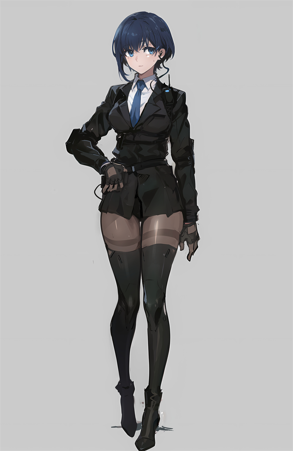 1girl black_footwear black_gloves black_jacket blue_eyes blue_hair blue_necktie boots breasts closed_mouth collared_shirt earpiece fingerless_gloves full_body gloves grey_background high_heels highres jacket las91214 long_sleeves looking_at_viewer necktie original pantyhose shirt short_hair simple_background skirt solo standing tachi-e thigh-highs thigh_boots white_shirt