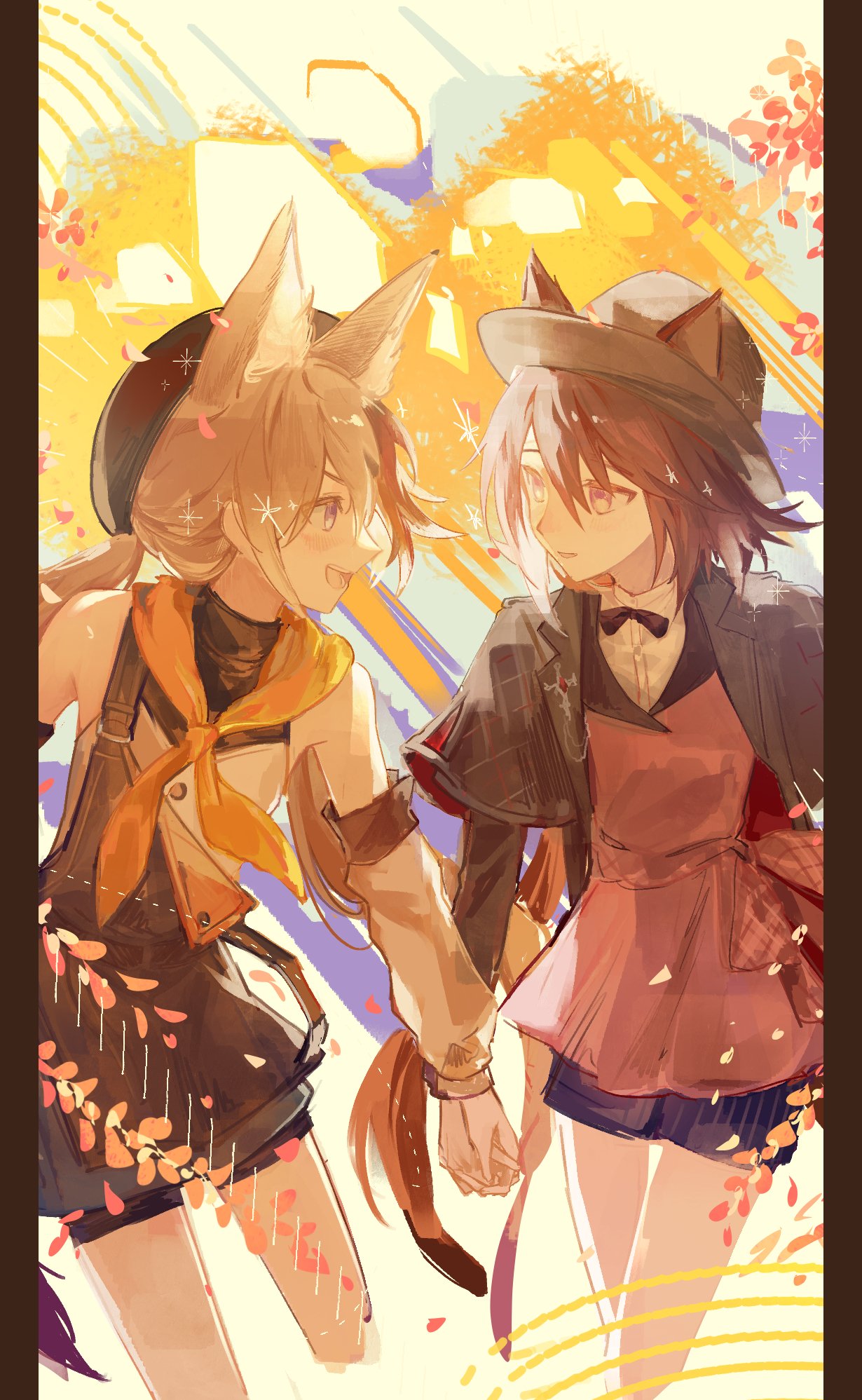 2girls abstract_background animal_ear_fluff animal_ears arknights beret black_dress black_hat black_jacket blonde_hair blue_shorts brown_hair cardigan_(arknights) cardigan_(sunny_day)_(arknights) cat_ears commentary couple cropped_legs detached_sleeves dog_ears dress ears_through_headwear fedora hat highres holding_hands jacket looking_at_another melantha_(arknights) melantha_(letters_from_wessex)_(arknights) multiple_girls neckerchief red_dress shorts shorts_under_dress tomamo09 violet_eyes white_jacket yellow_background yellow_eyes yellow_neckerchief yuri