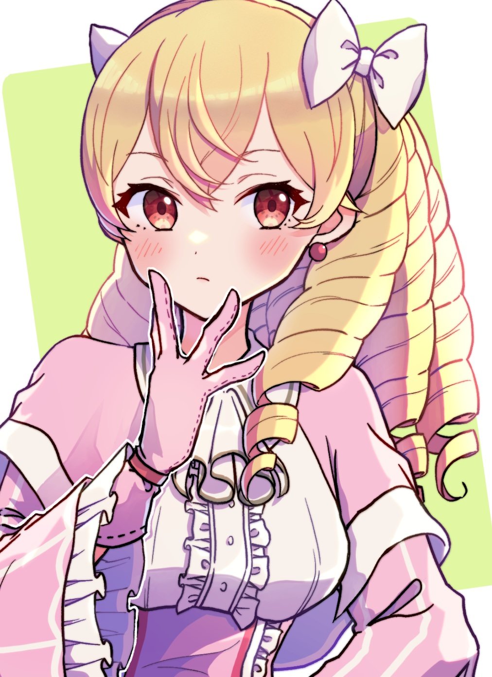 1girl blonde_hair blush bow closed_mouth dress drill_hair earrings eyelashes fire_emblem fire_emblem_awakening gloves gogatsu_(yeaholiday) hair_between_eyes hair_bow highres jewelry long_hair long_sleeves looking_at_viewer maribelle_(fire_emblem) pink_dress pink_gloves red_eyes solo upper_body white_bow