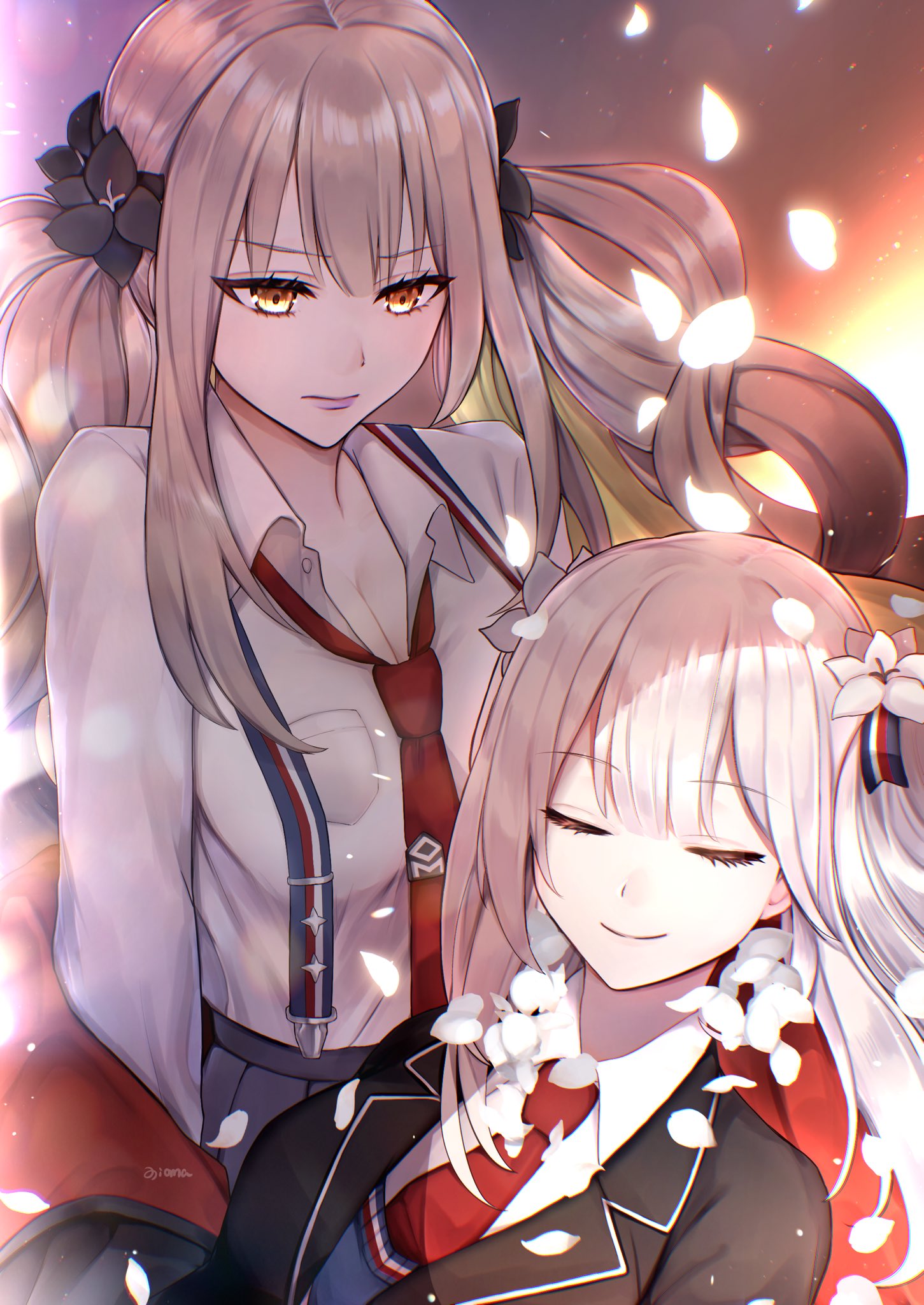 2girls black_flower black_jacket closed_eyes closed_mouth collared_shirt commentary dual_persona fate/grand_order fate_(series) flower fufufu_hehehe grey_hair grey_skirt hair_between_eyes hair_flower hair_ornament highres jacket lips lipstick long_hair makeup marie_antoinette_(alter)_(fate) marie_antoinette_(fate) multiple_girls necktie off_shoulder open_clothes open_jacket petals pink_lips pocket red_necktie school_uniform shirt sidelocks sitting skirt smile suspenders twintails very_long_hair white_flower white_hair white_shirt
